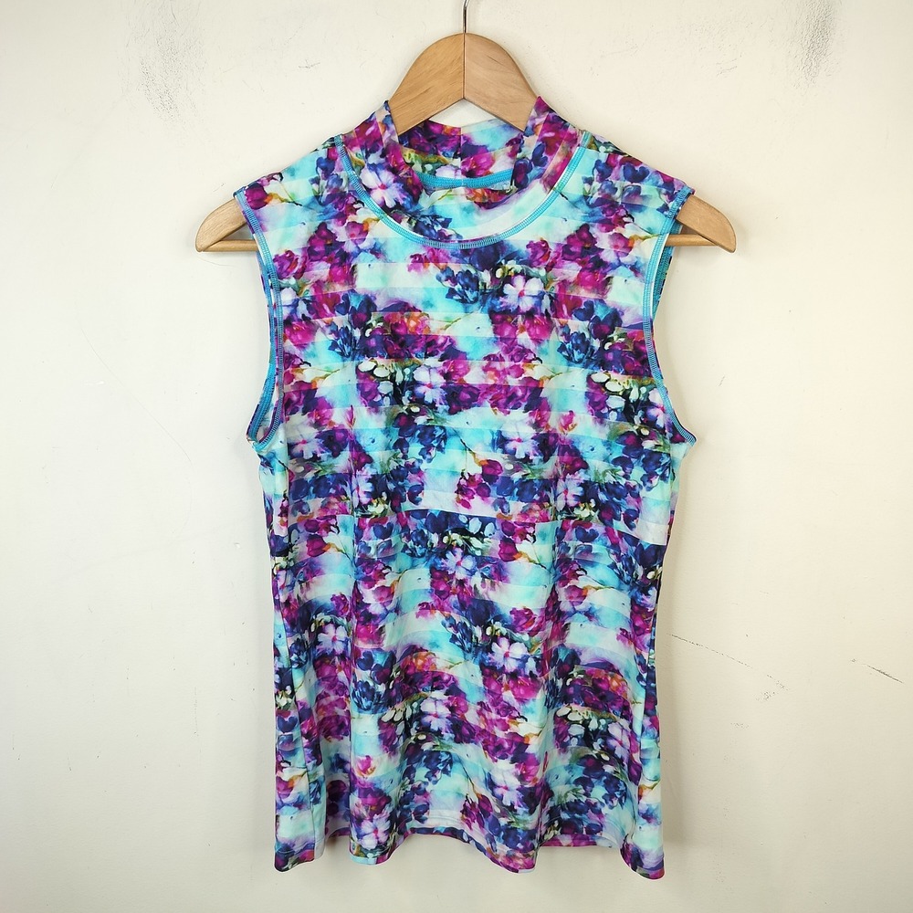 Athleta Rash Guard Swim Tank Top Medium Floral Blur Mock Neck Blue Purple